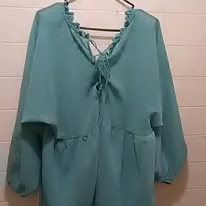 Blue-Green V Neck Semisheer fringed top